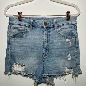 🦅American Eagle Stretch Curvy Hi-Rise Shortie Distressed Denim Jean shorts | 8